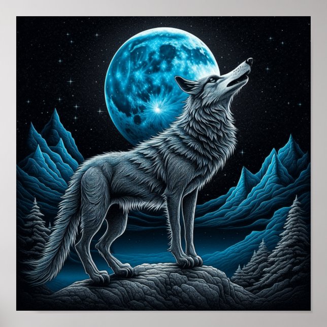 Wolf vor dem Vollmond Stehend | AI Art Poster (Vorne)