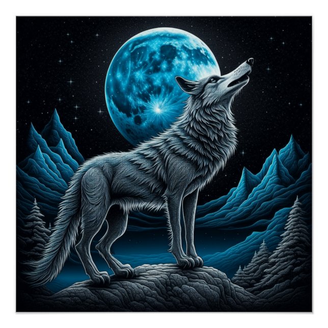 Wolf vor dem Vollmond Stehend | AI Art Poster (Vorderseite)