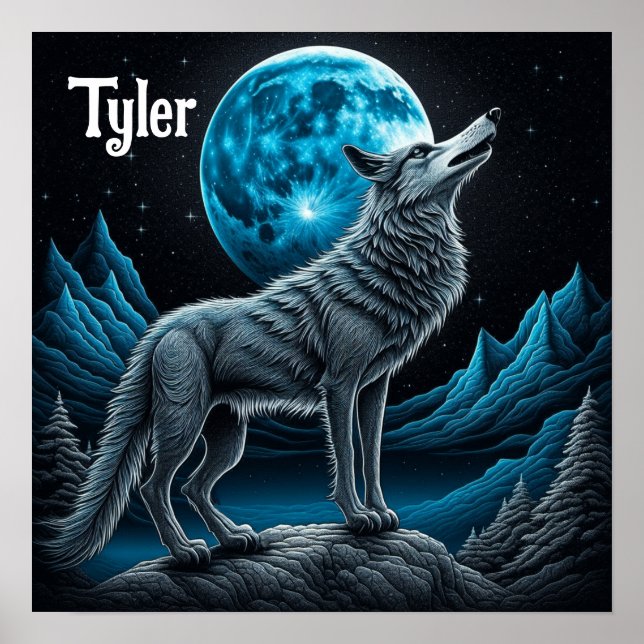 Wolf vor dem Vollmond Stehend | AI Art Poster (Vorne)