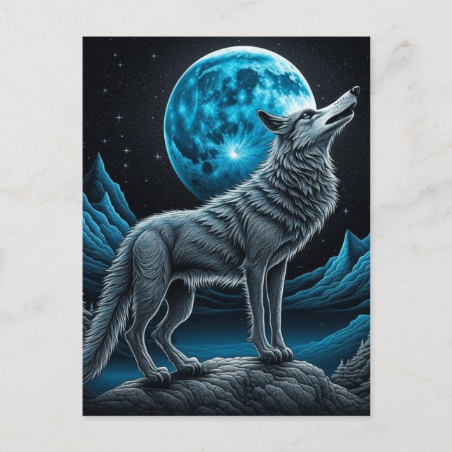 Wolf vor dem Vollmond Stehend | AI Art Postkarte (Vorderseite)
