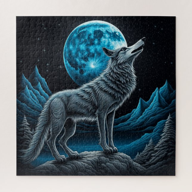 Wolf vor dem Vollmond Stehend | AI Art Puzzle (Vertikal)