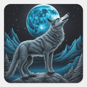 Wolf vor dem Vollmond Stehend   AI Art Quadratischer Aufkleber