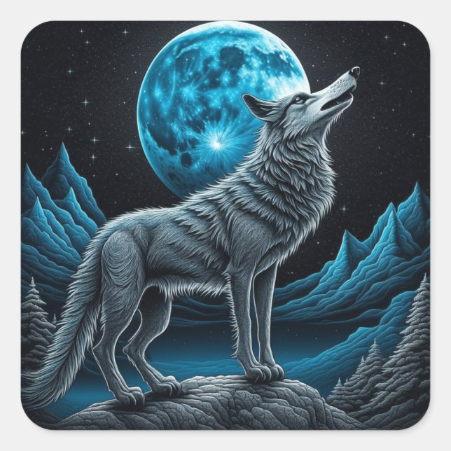 Wolf vor dem Vollmond Stehend | AI Art Quadratischer Aufkleber (Vorderseite)