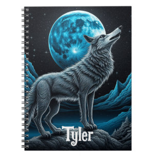 Wolf vor dem Vollmond stehend   KI-Kunst Notizblock