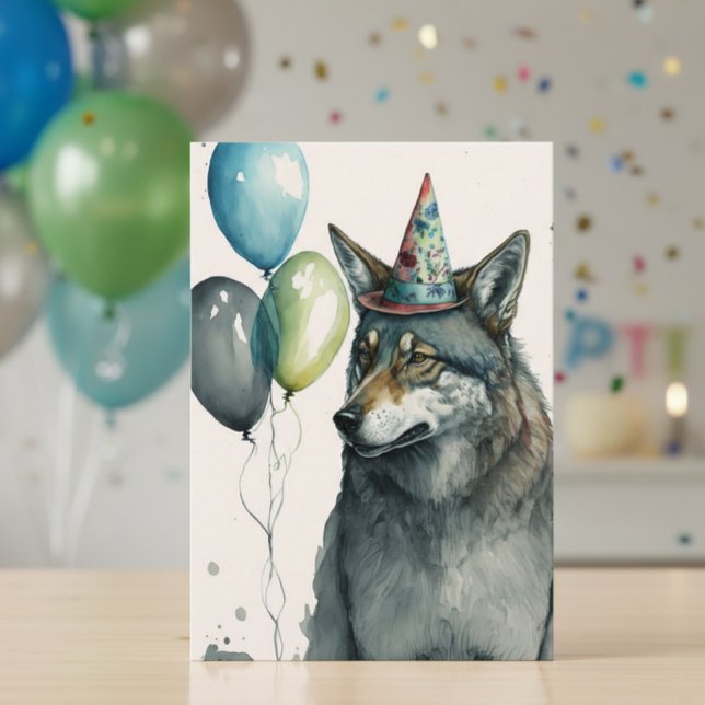 Wolf Wasserfarbe mit Balloons Geburtstag Karte (Von Creator hochgeladen)