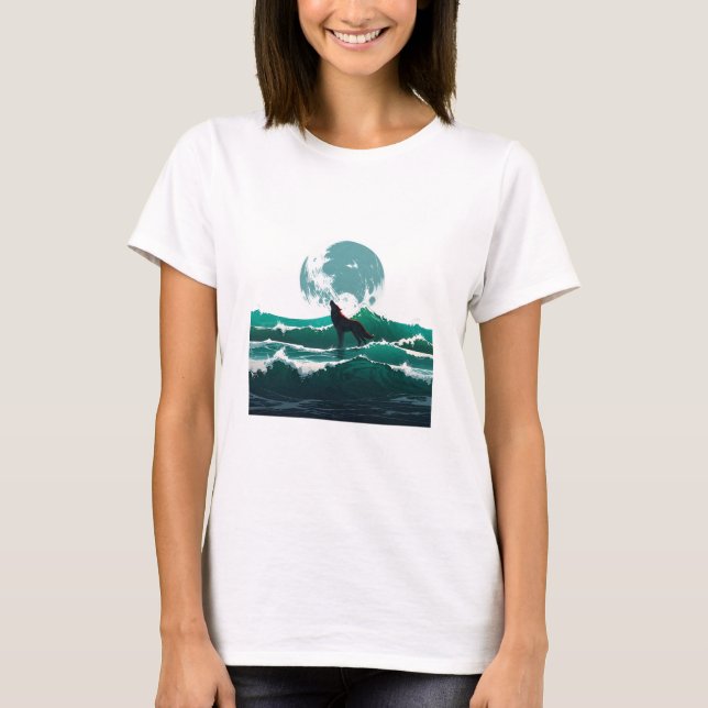 Wolf Wave Art - Ukiyo-e Moonlight Design T-Shirt (Vorderseite)