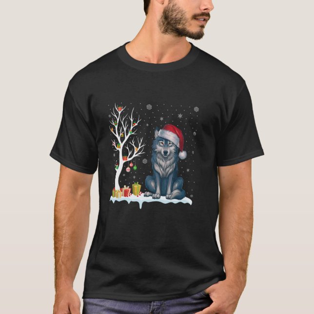 Wolf Weihnachtsmannmütze Festbaum Weihnachts-Weihn T-Shirt (Vorderseite)