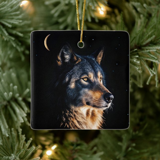 Wolf Wildlife and Moon Christmas Holiday Keramikornament (Baum)
