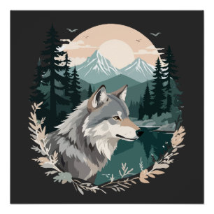 Wolf Wildtiere Natur Außenbereich Wasserfarbe Poster