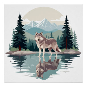 Wolf Wildtiere Natur Außenbereich Wasserfarbe Poster