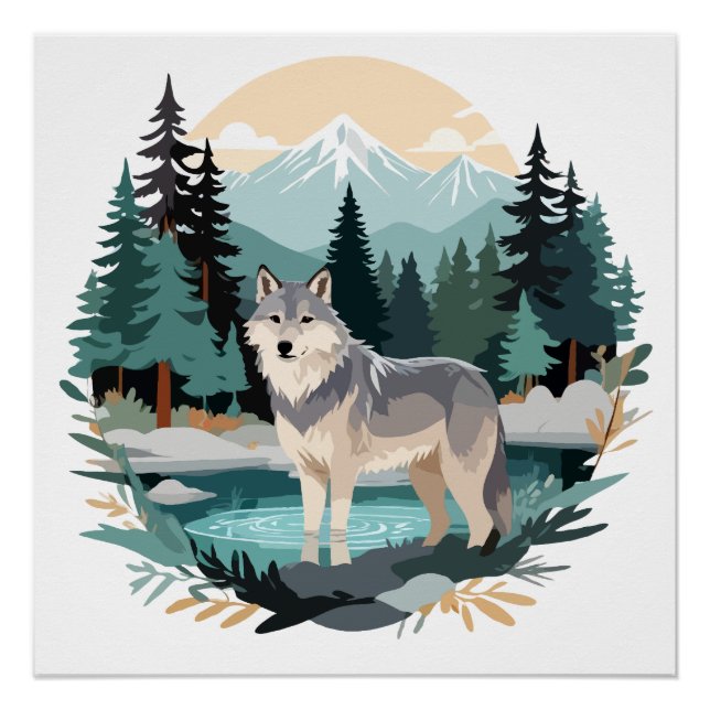 Wolf Wildtiere Natur Außenbereich Wasserfarbe Poster (Vorderseite)