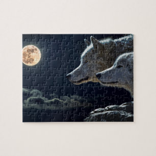 Wolf Wolves Howling am Vollmond nachts Puzzle