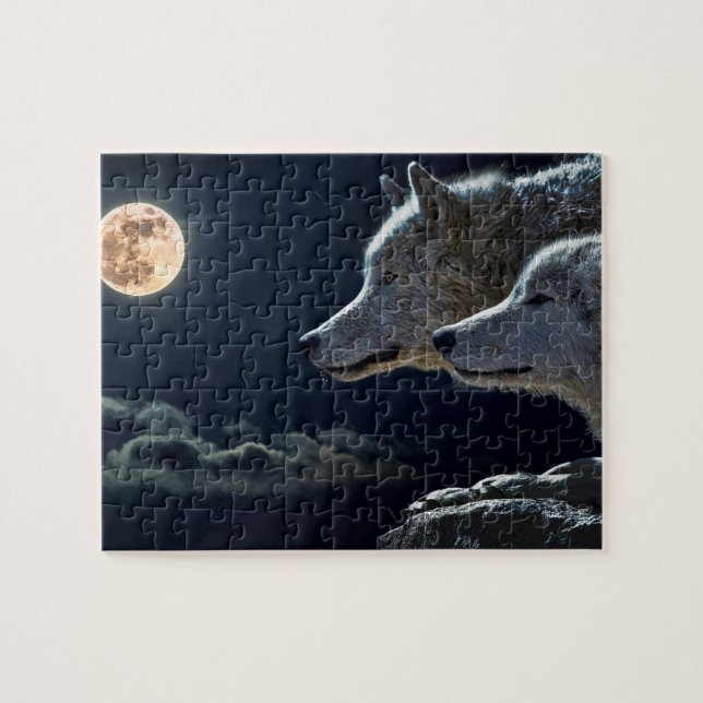 Wolf Wolves Howling am Vollmond nachts Puzzle (Horizontal)