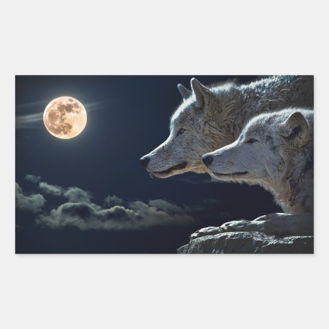 Wolf Wolves Howling am Vollmond nachts Rechteckiger Aufkleber (Vorderseite)