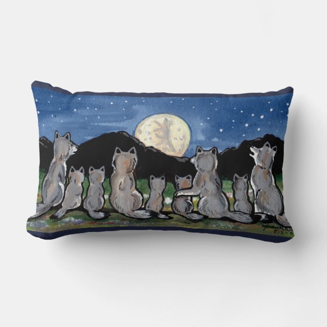 Wolf Wolves Howling auf Moon Night Designer Kissen (Vorderseite)
