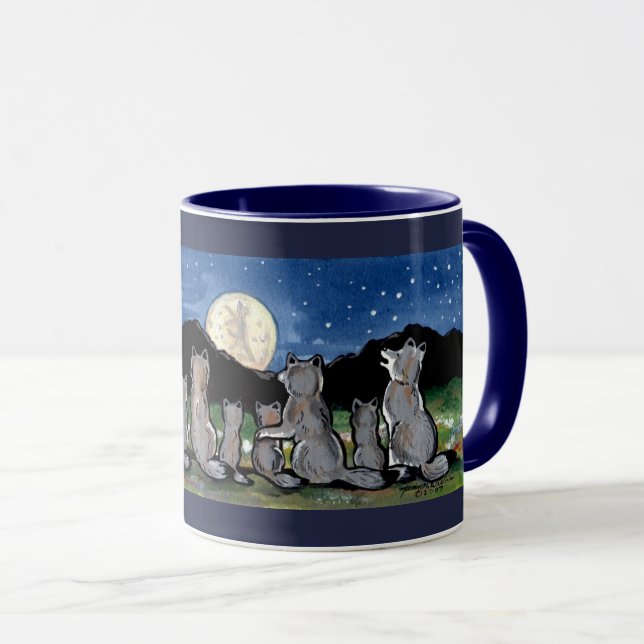 Wolf Wolves Howling bei Moon Designer Dark Blue Ta Tasse (VorderseiteRechts)