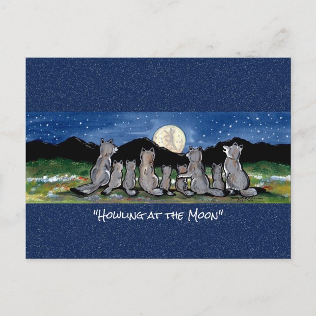 Wolf Wolves Moon Whimsical Watercolor Postcard Postkarte (Vorderseite)