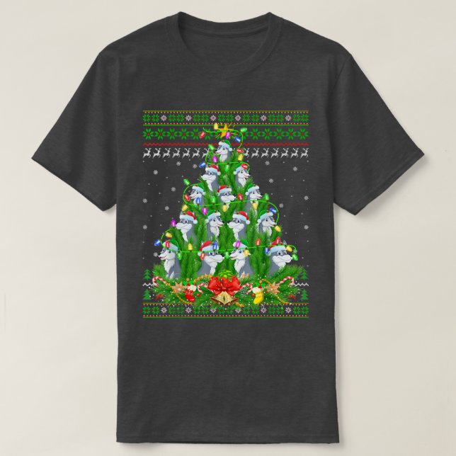 Wolf Xmas Lighting Tree Santa Wolf Ugly Weihnachte T-Shirt (Design vorne)