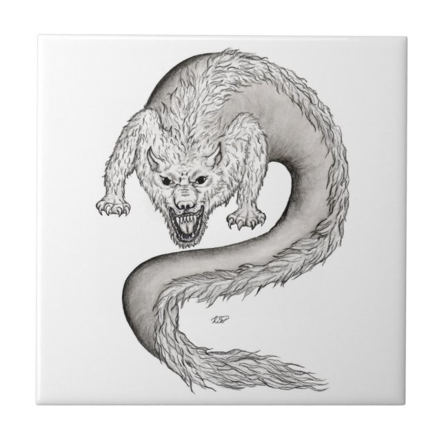 Wolfdragon Schwarzweiß Design Fliese (Vorderseite)