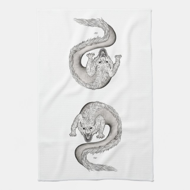 Wolfdragon Schwarzweiß Design Küchentuch (Vertikal)