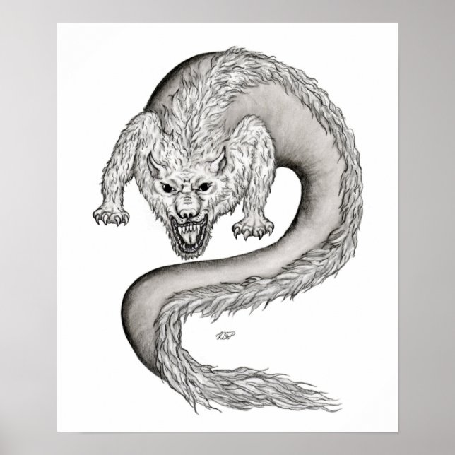 Wolfdragon Schwarzweiß-Design Poster (Vorne)