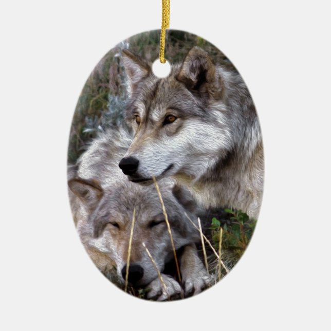 Wölfe ~ Digital-Öl-Schmerzen Keramik Ornament (Vorne)