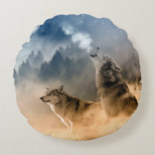 Wölfe heulen am Mond Runde Wurfkissen Rundes Kissen