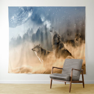 Wölfe heulen am Mond / Schöne Wölfe Wandteppich