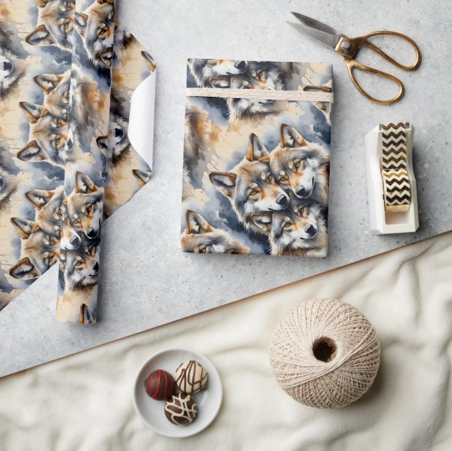 Wölfe im Aquarellstil Wolfen Tierfamilien Art Geschenkpapier (Kunsthandwerk)
