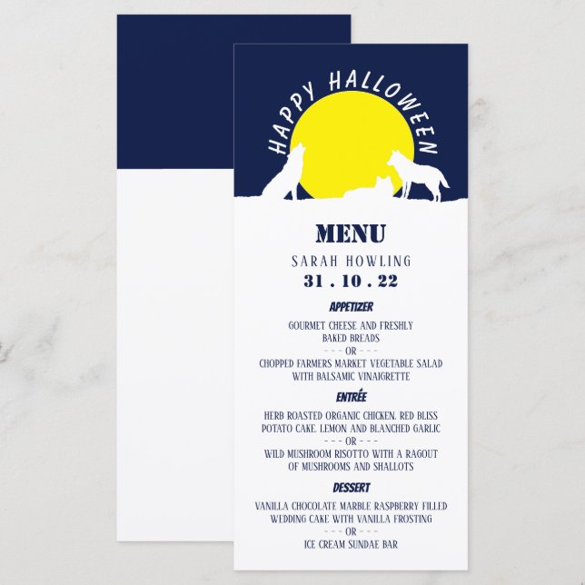 Wölfe im Mondlicht, glückliches Halloween Menükarte (Vorne/Hinten)