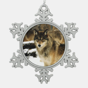 Wölfe im Schnee Schneeflocken Zinn-Ornament