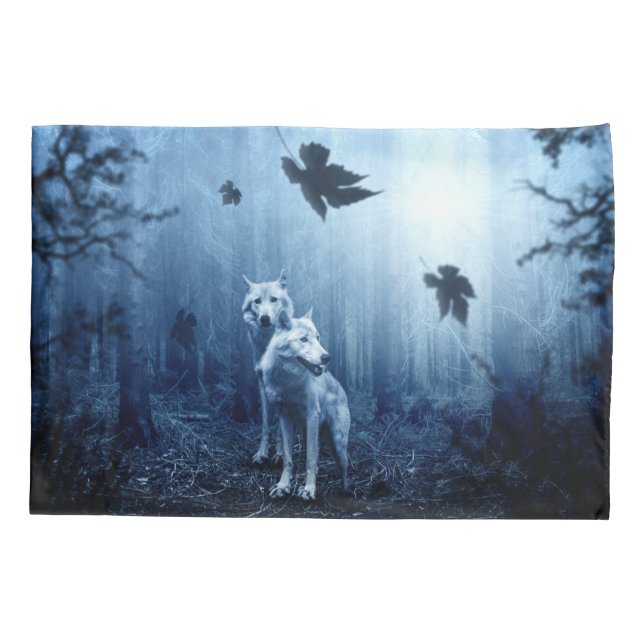 Wölfe im Wald bei Morgendämmerung Kissenbezug (Rückseite)