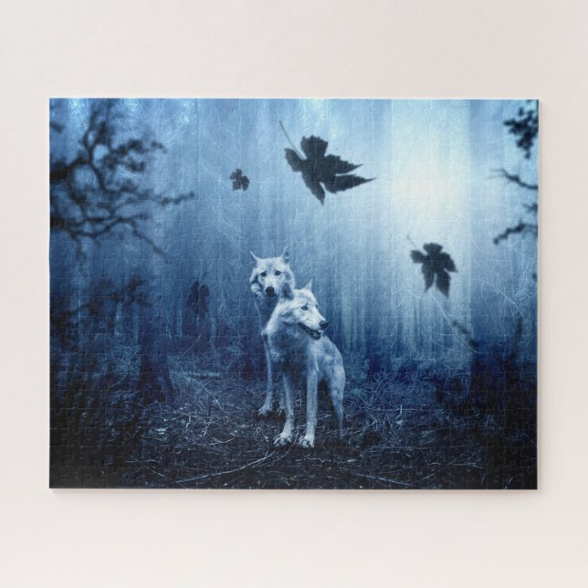 Wölfe im Wald bei Morgendämmerung Puzzle (Horizontal)