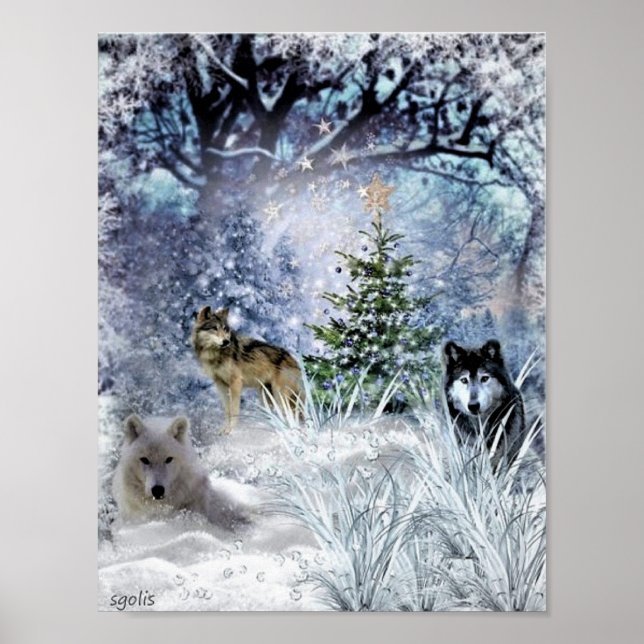 Wölfe im Winter Weihnachten im Wald Poster (Vorne)