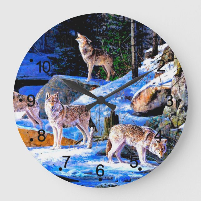 Wölfe in der Schneebemalung Große Wanduhr (Vorderseite)