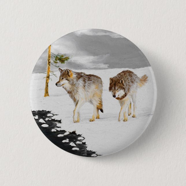 Wölfe in der Schneemalerei - Original Wildlife Art Button (Vorderseite)