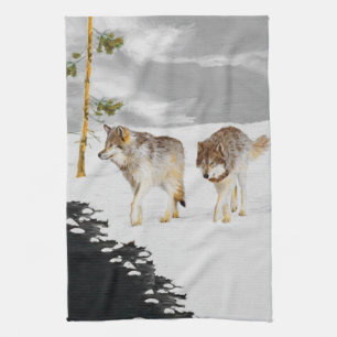 Wölfe in der Schneemalerei - Original Wildlife Art Geschirrtuch