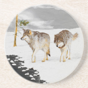 Wölfe in der Schneemalerei - Original Wildlife Art Getränkeuntersetzer