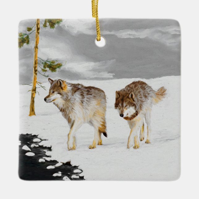 Wölfe in der Schneemalerei - Original Wildlife Art Keramikornament (Vorderseite)