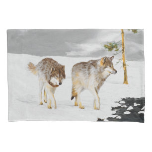 Wölfe in der Schneemalerei - Original Wildlife Art Kissenbezug