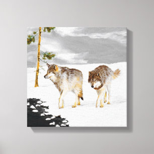 Wölfe in der Schneemalerei - Original Wildlife Art Leinwanddruck