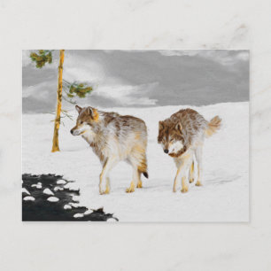 Wölfe in der Schneemalerei - Original Wildlife Art Postkarte