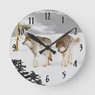 Wölfe in der Schneemalerei - Original Wildlife Art Runde Wanduhr