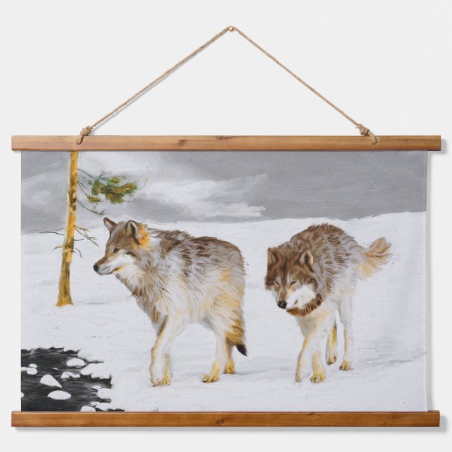 Wölfe in der Schneemalerei - Original Wildlife Art Wandteppich Mit Holzrahmen (Vorne)