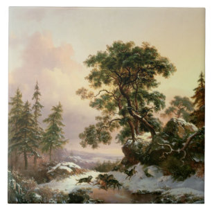 Wölfe in einer Winter-Landschaft (Öl auf Platte) Fliese