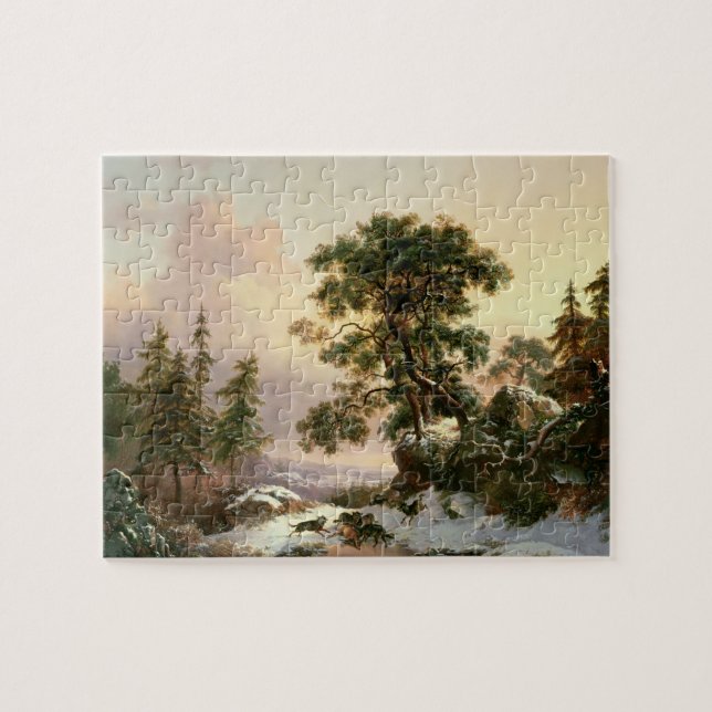 Wölfe in einer Winter-Landschaft (Öl auf Platte) Puzzle (Horizontal)