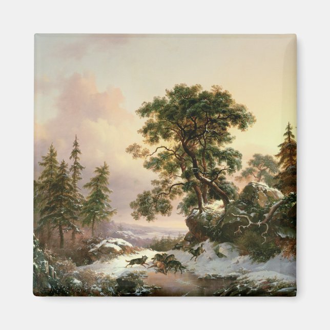 Wölfe in einer Winterlandschaft (Öl auf Tafel) Magnet (Vorne)