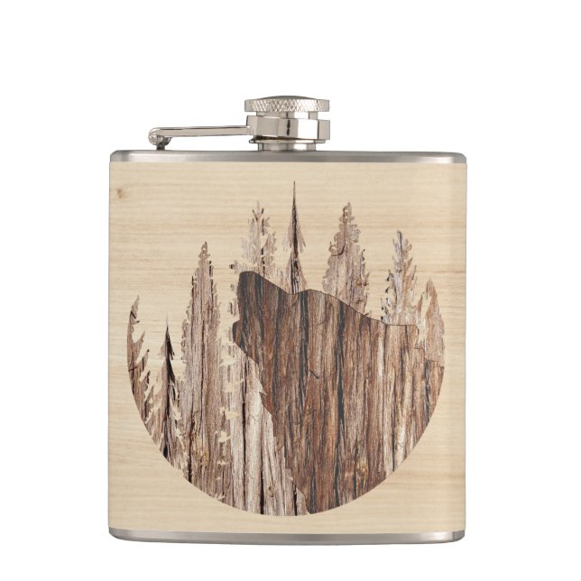 Wölfe in texturiertem Holz Flachmann (Vorderseite)
