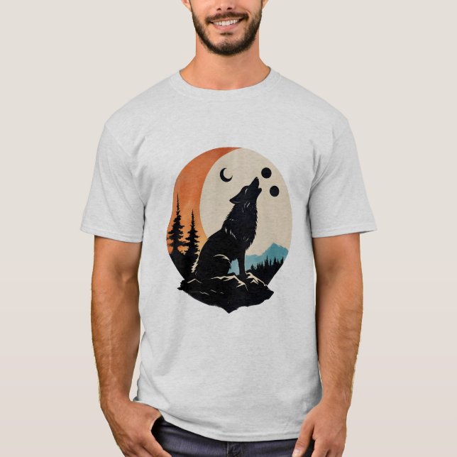 Wölfe oder Katzen Silhouette mit Mond-Grau-T-Shirt T-Shirt (Vorderseite)