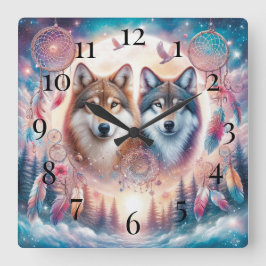 Wölfe und Dreamcatchers Quadratische Wanduhr